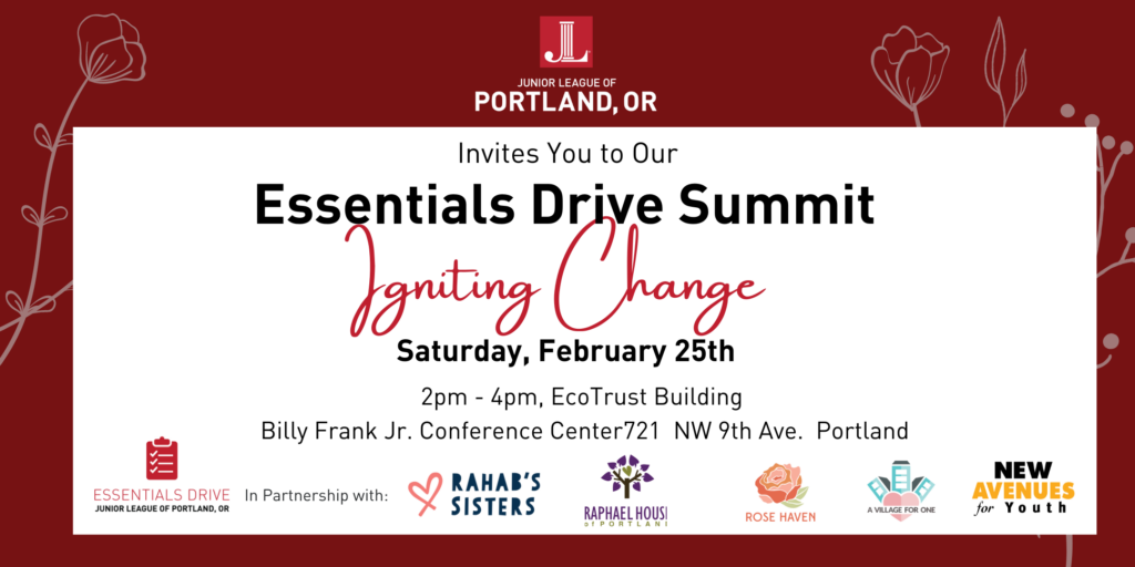 Junior League of Portland Essentials Drive Summit. White card on red backdrop with black type. Saturday, February 25, 2023, 2pm